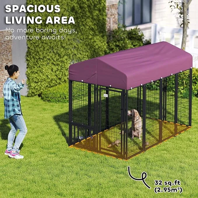 PawHut 7.9' x 4' x 6' Outdoor Dog Kennel, Welded Wire Heavy Duty Dog Run with 360° Rotating & 4 Level Adjustable Bowls, Do...