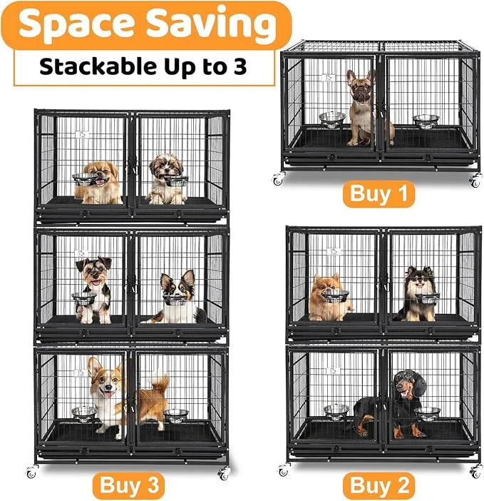Homey Pet 43 Inch Metal Open Top Stackable Heavy Duty Dog Cage Kennel with Three Door, Metal Floor Grid, Tray, Wheels, Div...