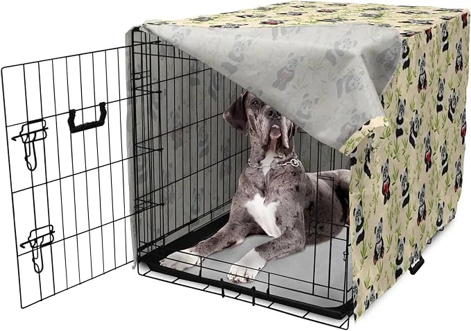 Lunarable Panda Dog Crate Cover, Asian Bear Cartoon Character Eating Leaves Branches Wildlife Animal, Easy to Use Pet Kenn...