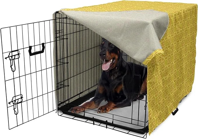 Lunarable Mustard Dog Crate Cover, Exotic Ornate Style Baroque Inspired Tiles Portuguese Culture Design Print, Easy to Use...