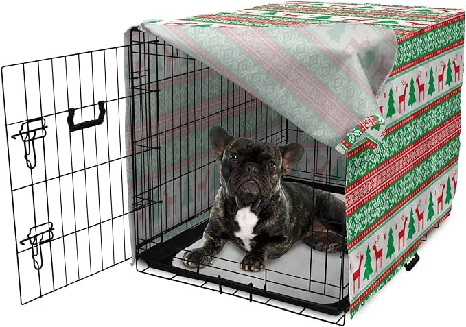 Ambesonne Christmas Dog Crate Cover, Knit Style Graphic Reindeer Star and Snowflake Holiday Family Theme, Easy to Use Pet ...