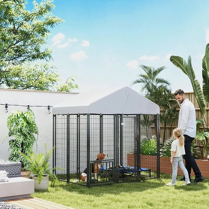 PawHut 5.9' x 4' x 6' Outdoor Dog Kennel, Welded Wire Heavy Duty Dog Run with 360° Rotating & 4 Level Adjustable Bowls, Do...