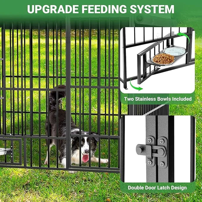 Outdoor Dog Kennel - 6.6 x 6.6 x 6.4 ft Outside Dog Kennel with Roof, Large Dog Outdoor Kennel with Rotating Feeding Bowls...