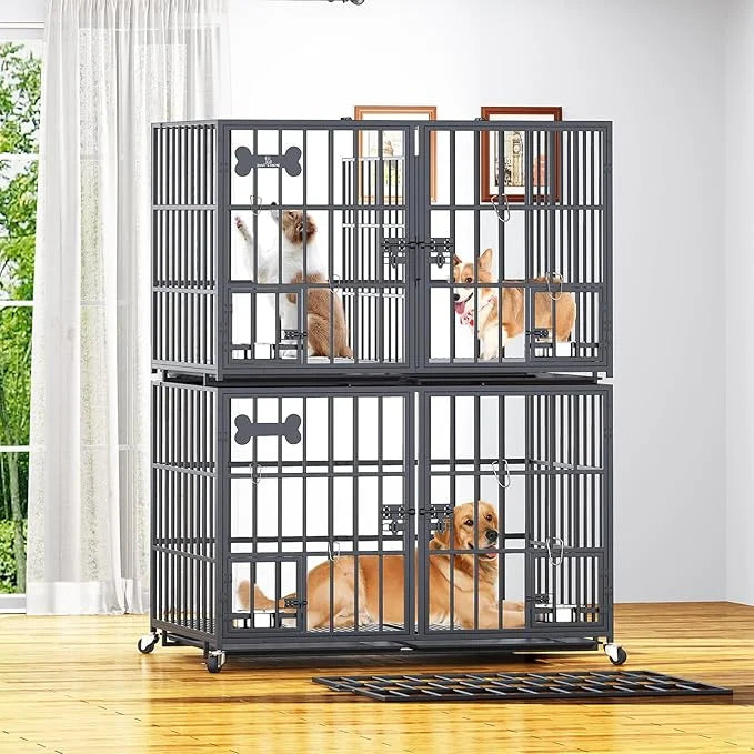 Dosker 48/42 inch Stackable Heavy Duty Metal Dog Crate for 4 Dogs/Large Dog,All Metal Open Top Access,Escape Proof Cage,Do...