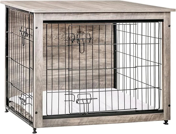 DWANTON Dog Crate Furniture with Cushion, Wooden Kennel Table with Double Doors, Indoor Dog House, Medium Size, 32.5" L, G...