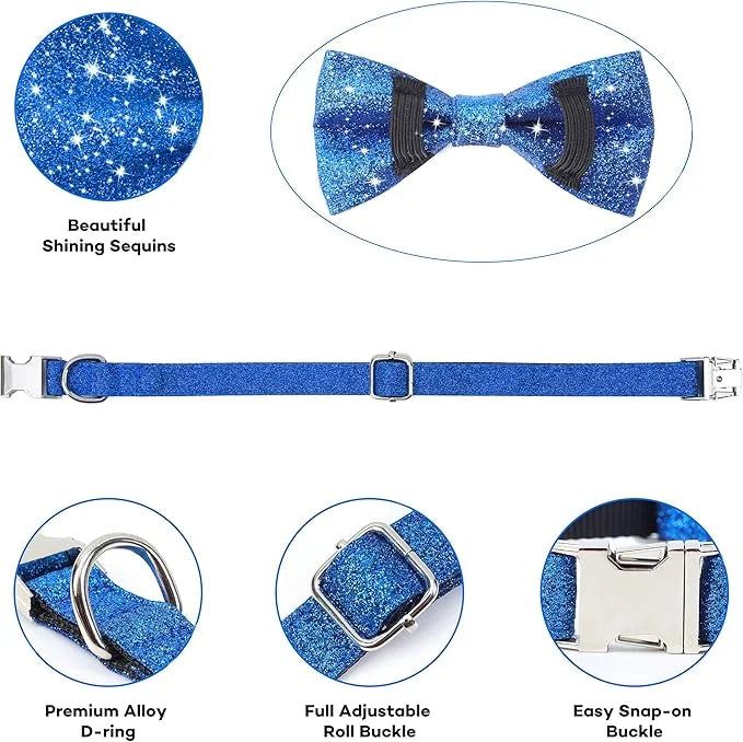 Bling Bow Tie Dog Collar and Leash Set, Cute Blue Boy Dog Collar with Bow and 5ft Leash for Small Medium Dogs Daily Walkin...