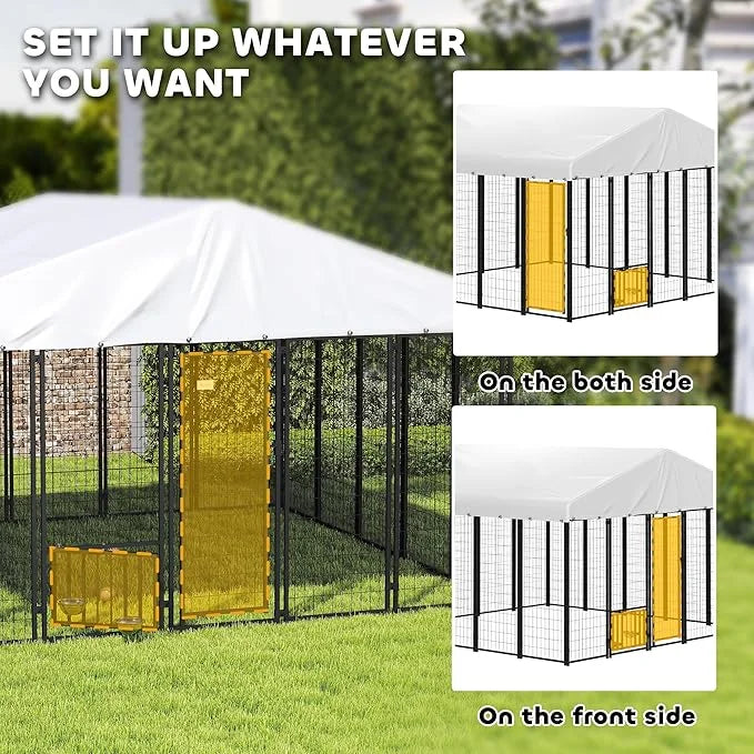 PawHut 9.8' x 9.8' x 6.8' Outdoor Dog Kennel, Welded Wire Heavy Duty Dog Run with 360° Rotating & 4 Level Adjustable Bowls...