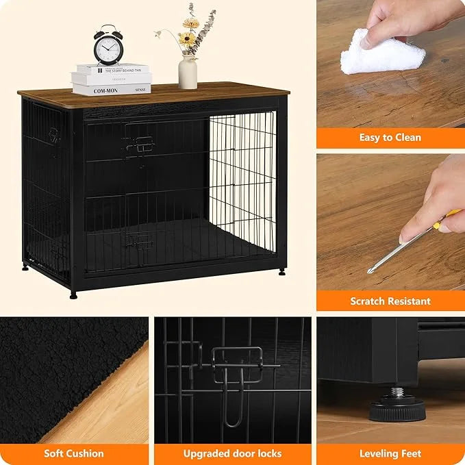 DWANTON Dog Crate Furniture with Cushion, Wooden Kennel Table with Double Doors, Indoor Dog House, Large Size, 38.5" L, Bl...