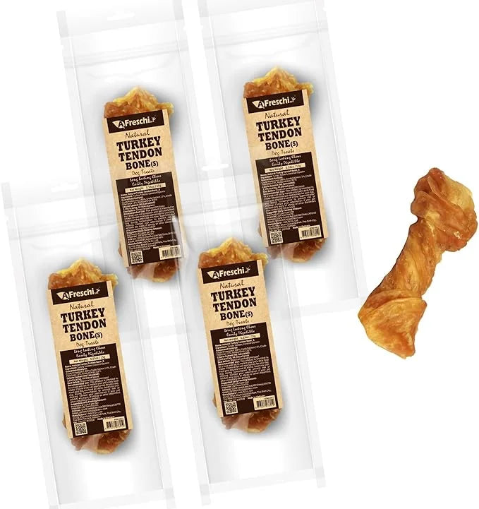 Afreschi Natural Turkey Tendon Bone (S) Pack of 4, Dog Treats for Signature Series, All Natural Human Grade Puppy Chew, Tu...