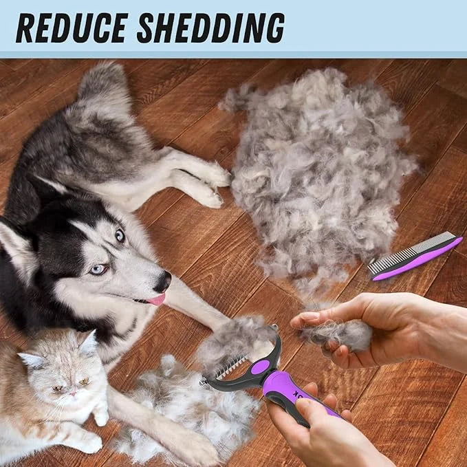 Pet Grooming Brush and Metal Comb Combo - Undercoat Rake for Dematting and Deshedding Long Matted Haired Dogs and Cats, Pu...