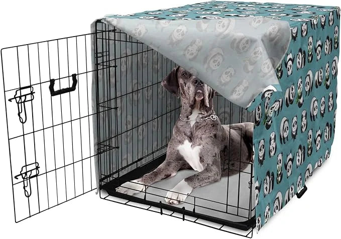 Lunarable Panda Dog Crate Cover, Cartoon Style Pandas Eating Branches Bear Poses in Sleeping and Rolling, Easy to Use Pet ...