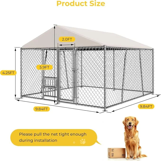 10 x 10FT Large Outdoor Dog Kennel with Bowls, Dog Kennel Outside with Waterproof Cover Roof, Galvanized Heavy Duty Chain ...