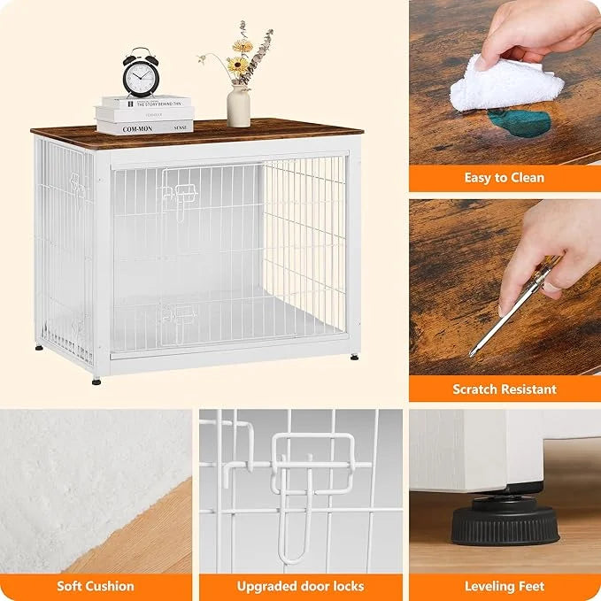 DWANTON Dog Crate Furniture with Cushion, Wooden Kennel Table with Double Doors, Indoor Dog House, Large Size, 38.5" L, Wh...