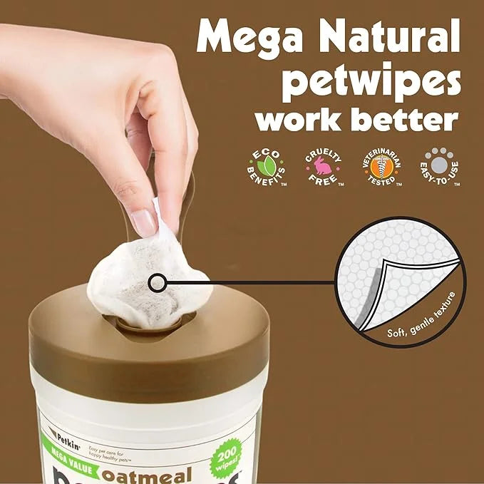 Petkin Mega PetWipes, 200 Wipes - Oatmeal Pet Wipes for Dogs and Cats, Use on Face, Paws, Ears, Body and Eye Area - Ideal ...