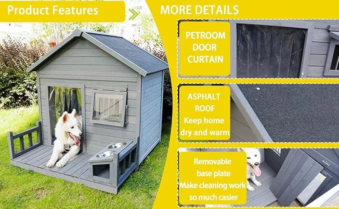 Outdoor Large Dogs House with Spacious Terrace,Open Waterproof Asphalt Roof Dog Kennel W/Breathable Window & 2 Feeding Sta...