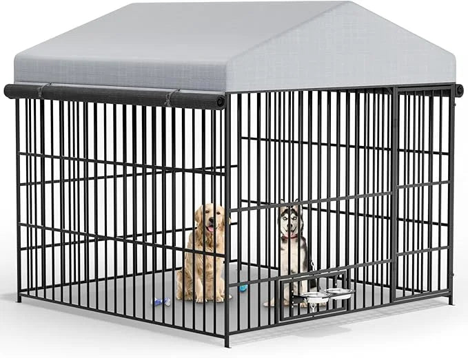 Outdoor Dog Kennel - 6.6 x 6.6 x 6.4 ft Outside Dog Kennel with Roof, Large Dog Outdoor Kennel with Rotating Feeding Bowls...