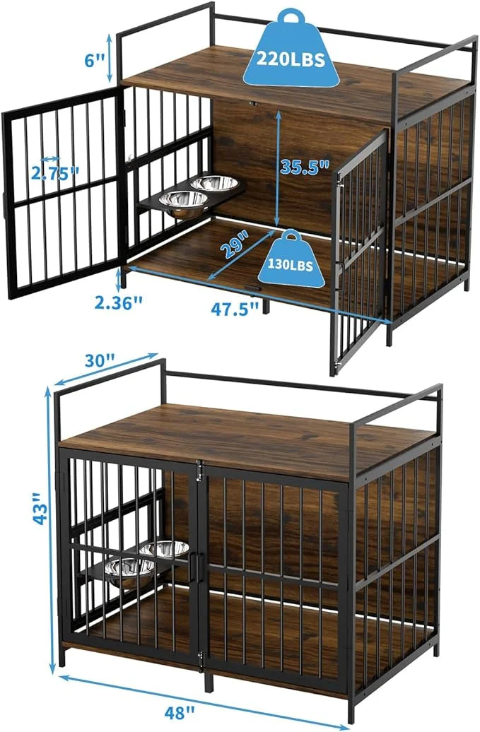 LOVMOR Dog Cage Furniture with Rotating Feeder Bowls, Dog Kennel Indoor with Cushion, Dog Crates for Large Dogs, 48" L X 3...