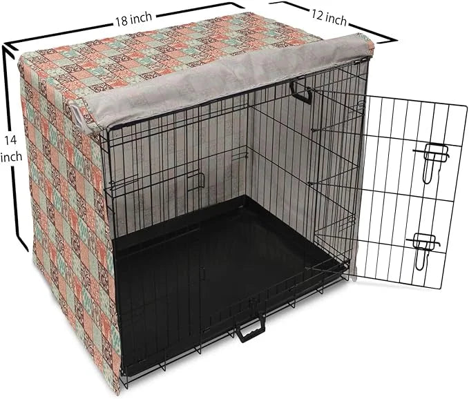 Lunarable Geometric Dog Crate Cover, Western Style Floral Motifs with Vintage Look in Checks, Easy to Use Pet Kennel Cover...