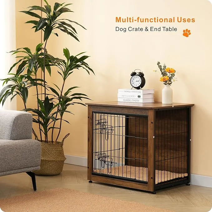 DWANTON Dog Crate Furniture with Cushion, Wooden Kennel Table with Double Doors, Indoor Dog House, Small/Medium/Large Size...