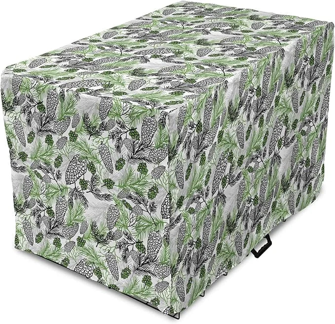 Lunarable Green Xmas Dog Crate Cover, Pine Cones and Holiday Theme Plants Fir Tree Motifs Print, Easy to Use Pet Kennel Co...