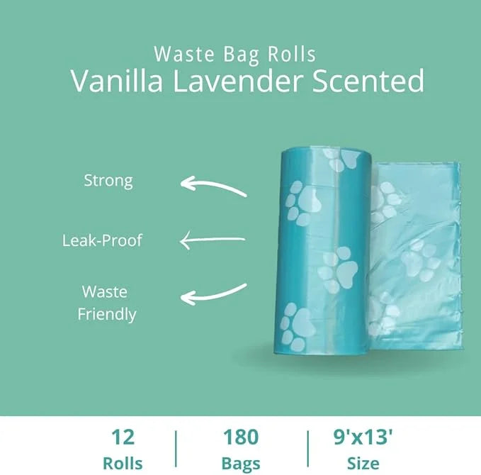 Vanilla Lavender Scent 180 Dog Poop Bags Rolls (12 rolls) & 25 Individual Pet Wipes - 2 in 1 Calming Cleaning Kit for Pet ...