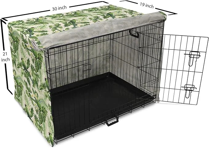 Lunarable Green Dog Crate Cover, Exotic Tropic Pattern with Palm Leaves Breadfruits Plumeria Flowers and Parrots, Easy to ...