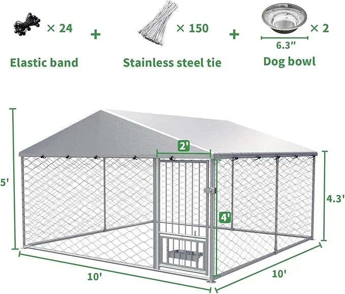 Rovibek Dog Kennel Outside, Outdoor Dog Kennel with Roof, 10'×10' Puppy Enclosure Outside, Out-Side with 2 Stainless Steel...
