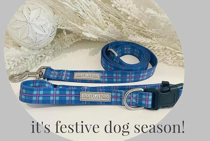 Lucky Love Dog, Blue and Violet Plaid Dog Collar, Adjustable & Comfy Collar for Boy and Girl Dog, Easy On & Off Clasp Acce...