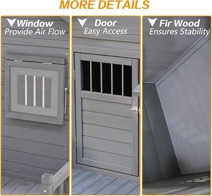 Open Waterproof Asphalt Roof Large Dogs House with Spacious Terrace,Outdoor Dog Kennel W/Small Wooden Door,Breathable Wind...