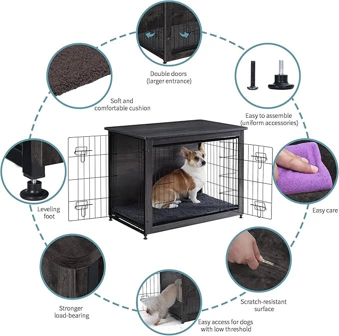 DWANTON Dog Crate Furniture with Cushion, Wooden Kennel Table with Double Doors, Indoor Dog House, Medium Size, 32.5" L, D...