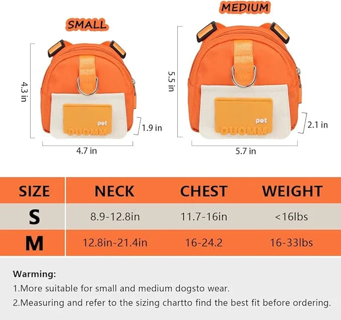 Dog Backpack Harness with Leash,Cute Pet Puppy Backpacks Bulid-in Dog Poop Bag Dispenser,Adjustable Pets Self Carrier Bag ...