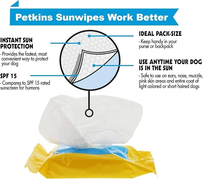 Petkin Dog Sunscreen Sunwipes (2-Pack) - Sunscreen for Dogs, SPF 15 - Simply Wipe on Anytime for Instant Sun Protection - ...