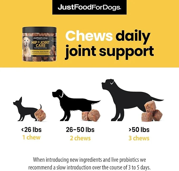JustFoodForDogs Hip + Joint Soft Chews Mobility Supplement for Dogs with Glucosamine and Chondroitin, Superfood Blend, Hum...