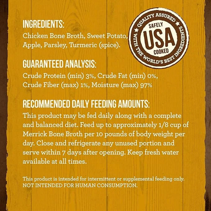 Merrick Grain Free Bone Broth, Premium Human Grade And Gluten Free Dog And Cat Food Topper Pouches, Chicken - 7 oz. Pouch ...