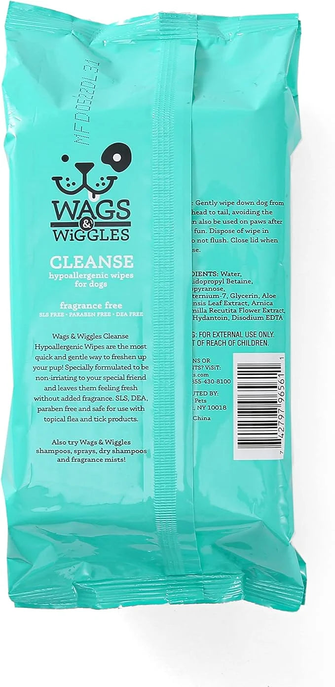 Wags & Wiggles Cleanse Hypoallergenic Wipes 100ct | Hypoallergenic Dog Wipes Fragrance Free | Waterless Bathing to Keep Pe...