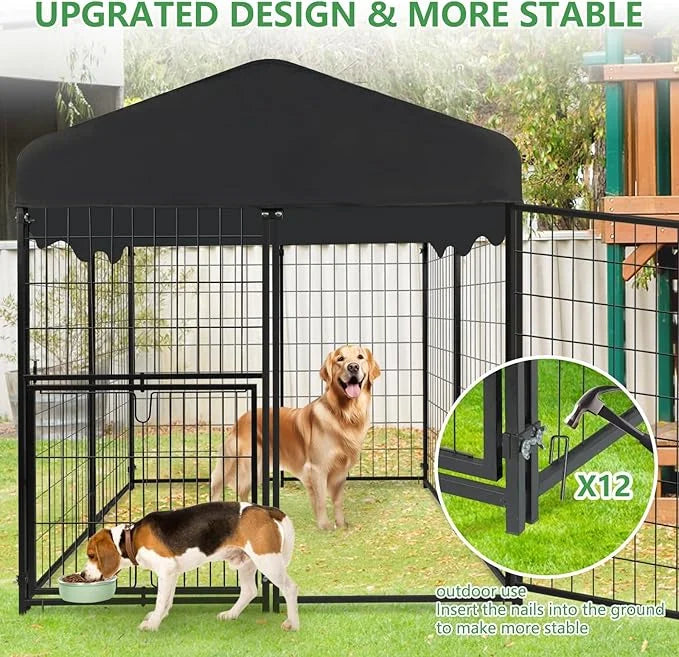 Dog Kennel Outdoor with Waterproof Roof, 4'L x 4'W x 4.5'H Large Outdoor Kennel with Rotating Feeding Door, Bowls, Dog Cag...