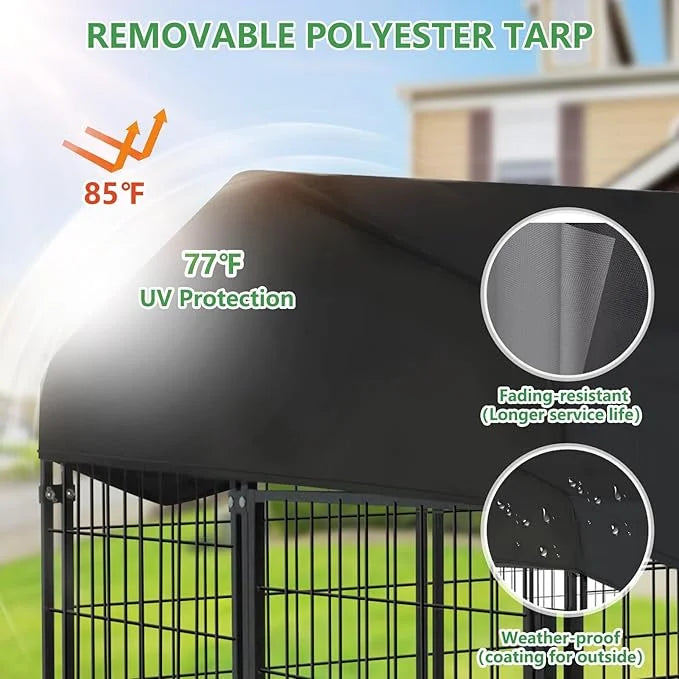 Dog Kennel Outdoor with Waterproof Roof, 4'L x 4'W x 4.5'H Large Outdoor Kennel with Rotating Feeding Door, Bowls, Dog Cag...