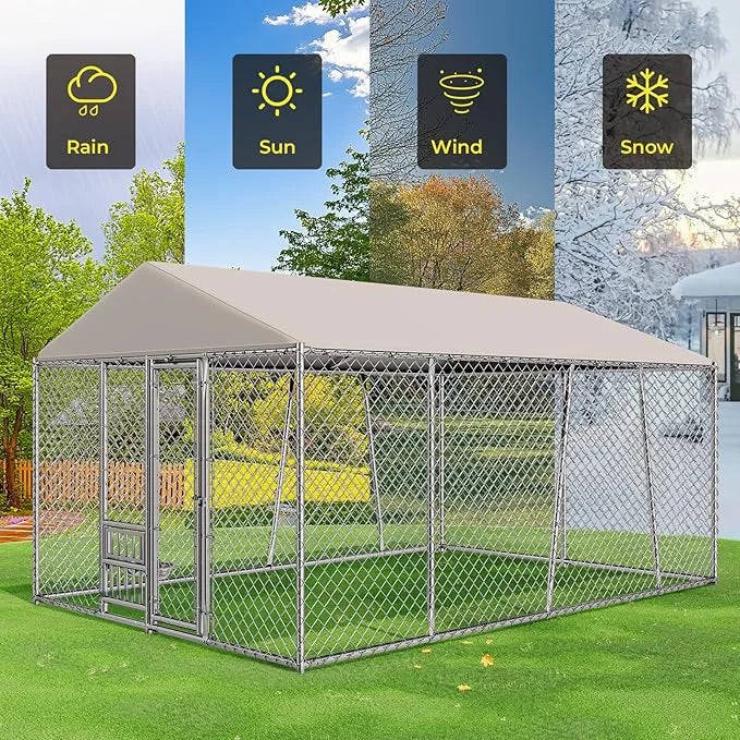 10 x 15FT Large Outdoor Dog Kennel with Bowls, Dog Kennel Outside with Waterproof Cover Roof, Galvanized Heavy Duty Chain ...