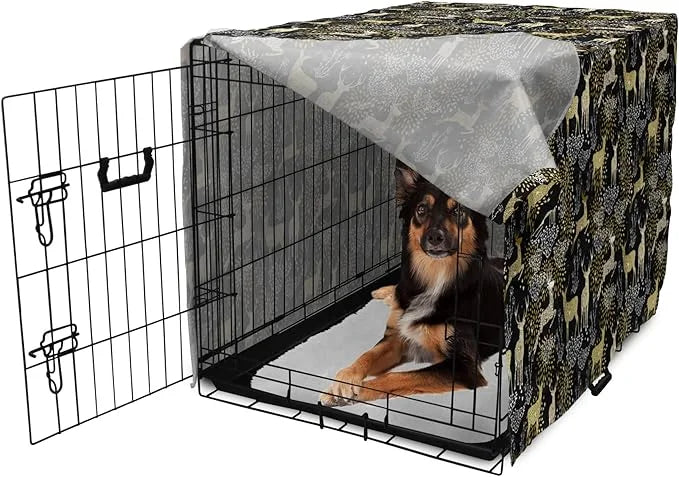 Ambesonne Christmas Dog Crate Cover, Nature Woodland and Deer Silhouettes with Oriental Ornaments Design, Easy to Use Pet ...