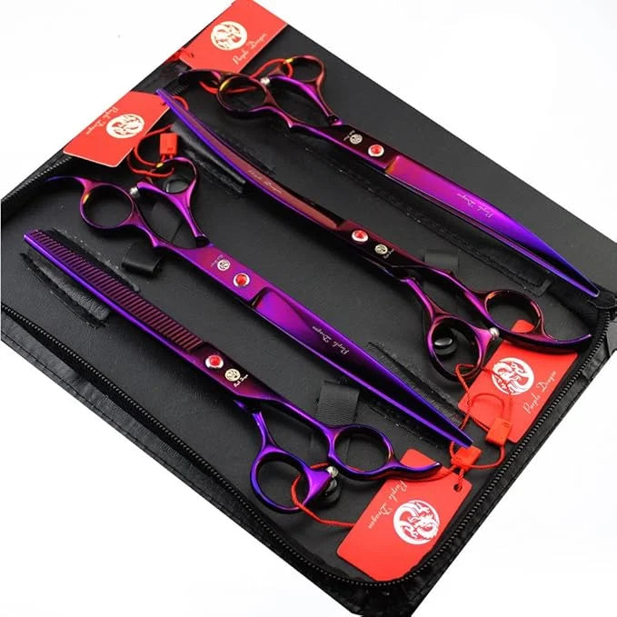 Purple Dragon 8.0 inch Professional Pet Grooming Scissors,Dog Straight Shear, Thinning/Blending Scissor & 2 PCS Curved She...