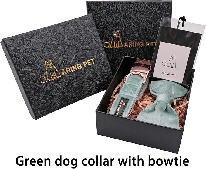 ARING PET Velvet Dog Collars with Bow tie, Dog Bowtie Collar, Adjustable Green Dog Collar,Large. - Product Image