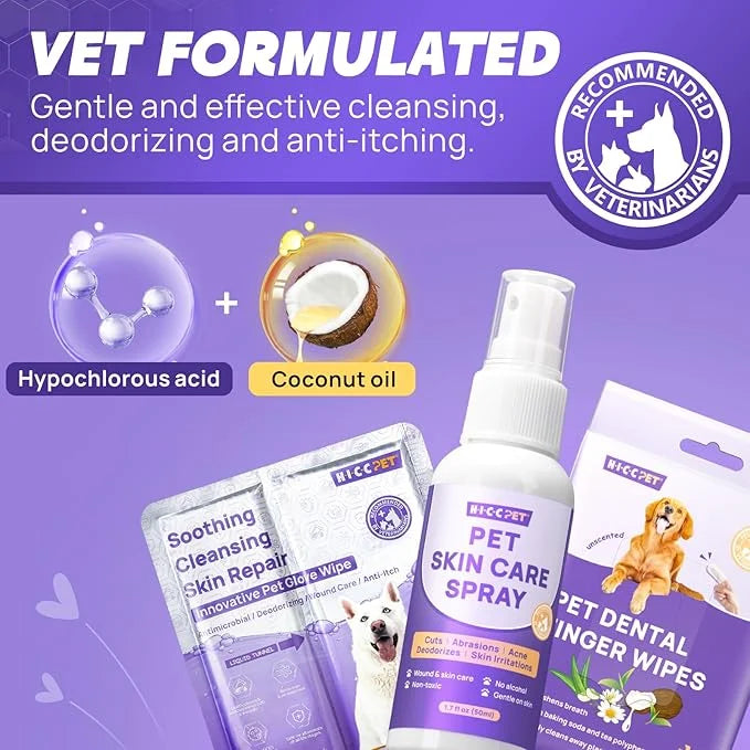 HICC PET Dogs Essential Clean & Care Kit - Pets Hot Spot Treatment & Itch Relief Spray + Cleaning Deodorizing Teeth and Bo...