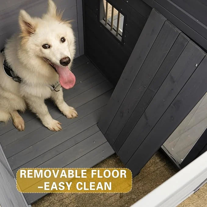 YOTPO Large Outdoor Fir Wood Dog House with Spacious Terrace,Breathable Window&2 Feeding Stainless Bowls,Dog Kennel W/Soli...