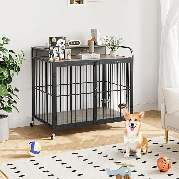GAOMON Dog Crate Furniture, Dog Crate Indoor with Adjustable Height Bowls, Wooden Heavy Duty, 39.8 Inch Dog Kennel Furnitu...