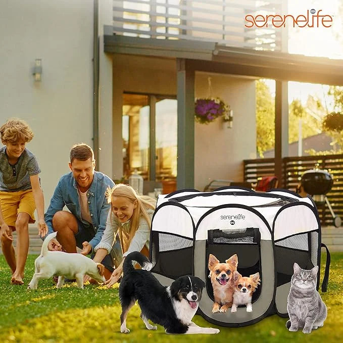 SereneLife On-The-Go Foldable Portable Pet Tent 8-Panel Playpen for Dog & Cat w/Food/Water Bowl, Mesh Exercise Puppy Playg...