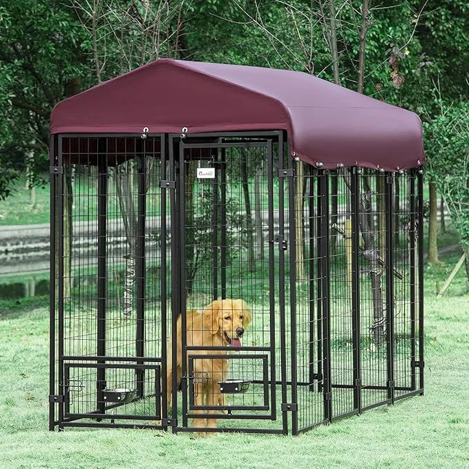 PawHut 8' x 4' x 6' Outdoor Dog Kennel with Rotating Bowl Holders, Walk-in Pet Playpen, Welded Wire Steel with Water and U...