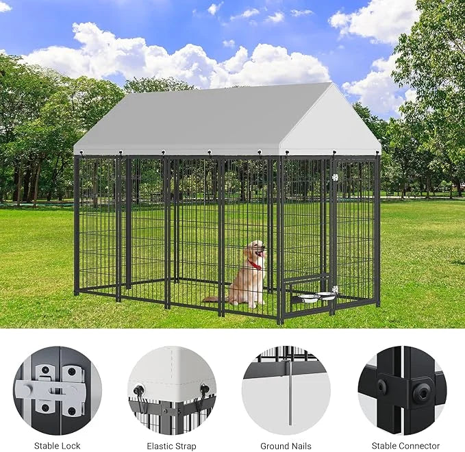 Rovibek Outdoor Dog Kennel 7.9x4.1x5.9 Ft, Dog Kennels Outdoor with 2 Rotating Feeder Bowls, Heavy Duty Dog Kennels Outsid...