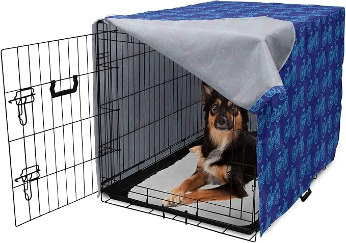 Lunarable Contemporary Blue Dog Crate Cover, Repetitive Pattern with Silhouette Style Bicycles, Easy to Use Pet Kennel Cov...