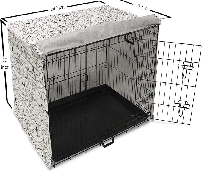 Lunarable Cartoon Dog Crate Cover, Funny Creatures and Monsters Doodle Faces in Manga Style Emotions, Easy to Use Pet Kenn...