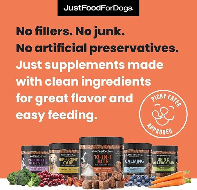 JustFoodForDogs 10-in-1 Multifunctional Supplement Chews for Dogs, Superfood Blend, Glucosamine, Omega-3 Fatty Acids, Skin...